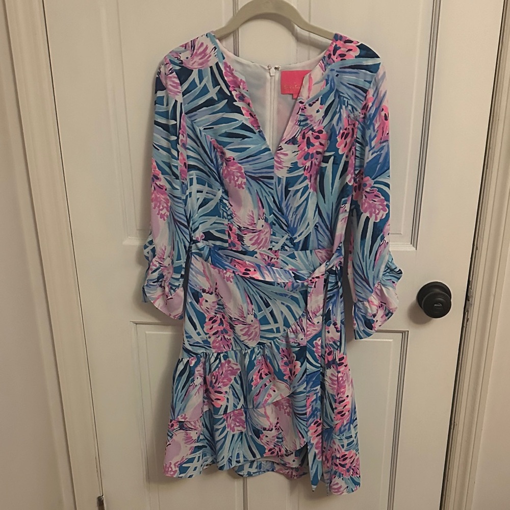 Lilly Pulitzer Blue Pink Tropical Wrap Dress